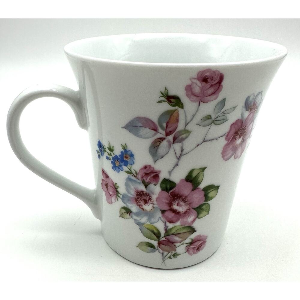 Teddi Floral Coffee Mug White Tea Cup Pink Blue Green Bone China 4" Tall